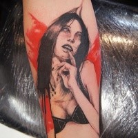 Portrait style colored forearm tattoo of seductive woman