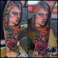 Portrait style colored leg tattoo fo beautiful woman with fox and flower