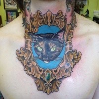 Portrait style colored neck tattoo of creepy cat picture