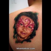 Portrait style colored scapular tattoo of little girl face with makeup