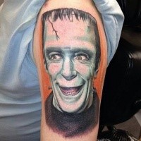 Portrait style colored shoulder tattoo of Frankenstein monster