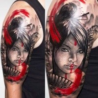 Portrait style colored shoulder tattoo of geisha with fan