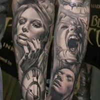 Portrait style colored sleeve tattoo of various women portraits with vine