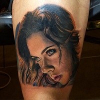 Portrait style colored tattoo of Scarlet Johansson