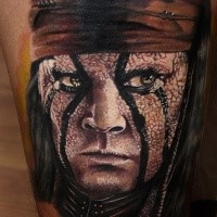 Portrait style colored very detailed tattoo of creepy Indian