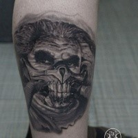 Portrait style detailed leg tattoo of Mad Max evil Boss