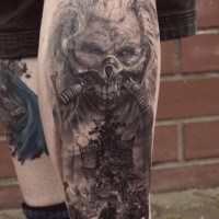 Portrait style detailed leg tattoo of Mad Max creepy boss with cars