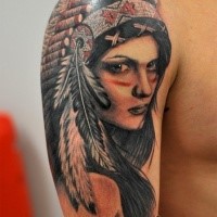 Portrait style very detailed shoulder tattoo of Indian woman portrait