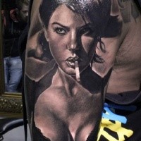 Portrait style very detailed shoulder tattoo of seductive smoking woman