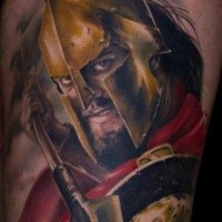 Portrait style very detailed thigh tattoo of Spartan warrior