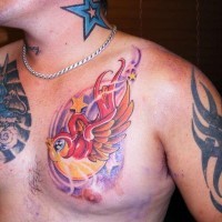 bellissimo uccello animato colorato tatuaggio su petto di ragazzo