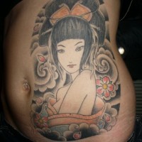 Pretty cool colorful tattoo with chinese girl on the belly