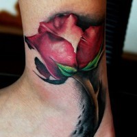 Pretty red rose looks like real foot tattoo