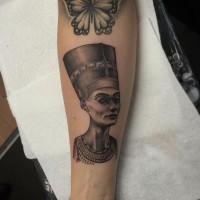 Princess Nefertiti pale ink forearm tattoo in Egyptian style