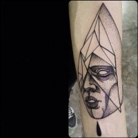 Psychedelic blackwork style painted by Michele Zingales arm tattoo of stone human statue
