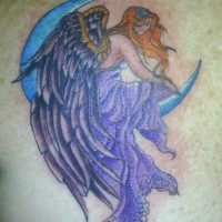 Purple angel sitting on moon tattoo on shoulder blade