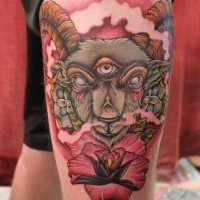 Ram tattoo with pink flowers