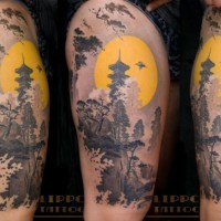 Real antic painting like colored Asian forest and night house tattoo on thigh area