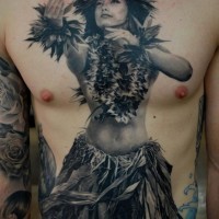 Real life like black and white dancing tribal woman tattoo on whole chest and belly