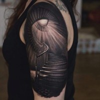 Real photo colored mystical forearm tattoo of stairs