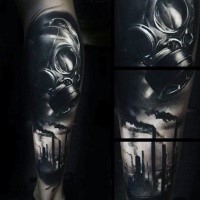 Real photo like 3D style detailed gas mask tattoo combined with steamy factories