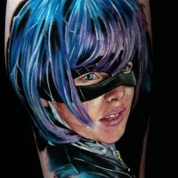 Real photo like big colored forearm tattoo of female superhero in mask