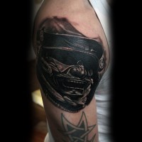 Real photo like black and white Asian warrior mask tattoo on shoulder