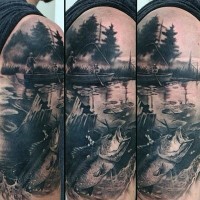 Real photo like black and white fishing themed tattoo on arm