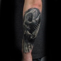 Real photo like black and white music themed musician with guitar tattoo on arm
