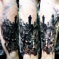 Real photo like black and white night cemetery tattoo on forearm with ghost figure