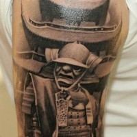 Real photo like black and white samurai warrior tattoo on shoulder combined with antic Asian house
