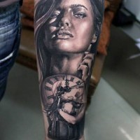 Real photo like black and white seductive woman with old clock tattoo on arm
