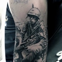 Real photo like black and white WW2 soldier tattoo on arm