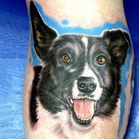 Real photo like colored cute dog portrait tattoo on leg