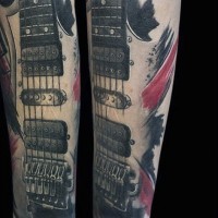 Real photo like colored old guitar tattoo on arm