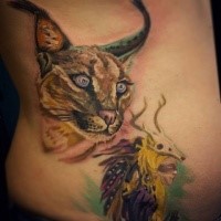 Real photo like colored side tattoo of caracal with ancient human