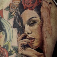 Real photo like cool seductive colored woman with flower tattoo on thigh