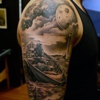 Real photo like detailed black ink man in boat with lighthouse half sleeve tattoo