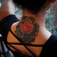 Real photo like multicolored big rose tattoo on neck