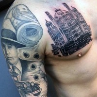 Real photo like nice painted black ink old Cathedral tattoo on chest