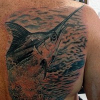 Real photo like very detailed and cored big ocean fish tattoo on chest