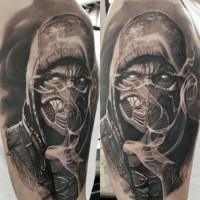Real photo like very detailed black and white demonic warrior tattoo on shoulder