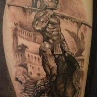 Sehr detailliertes schwarzes Bein Tattoo mit antiker griechischer Krieger Statue
