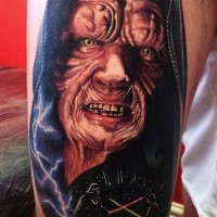 Real photo like very detailed natural colored evil emperor portrait tattoo on arm