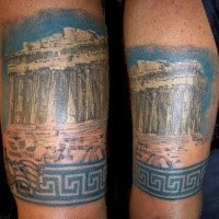Real picture style colored forearm tattoo of antic Greece ruins