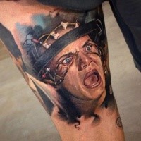 Realism colored horror style arm tattoo of creepy woman portrait