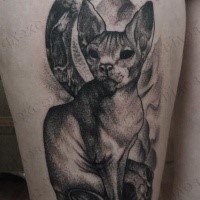 Realism dot style thigh tattoo of sphinx cat with skulls