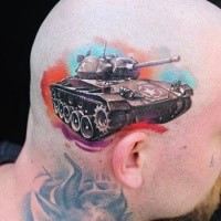 Realism style amazing looking colored American tank tattoo on head