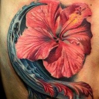 Realism style beautiful looking side tattoo of big flower