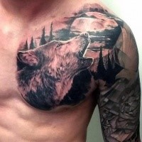 Realismus Stil schwarzes und weißes Brust und Schulter Tattoo von Wolf mit Mond und Taube